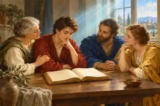 Four believers study an unlettered open book together in a shared beam of soft spiritual light.
