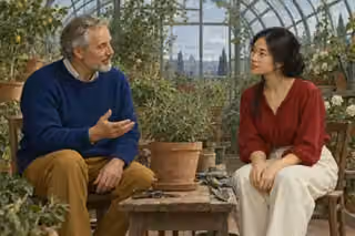 An older man speaks gently with an attentive young woman beside a potted herb in a greenhouse.