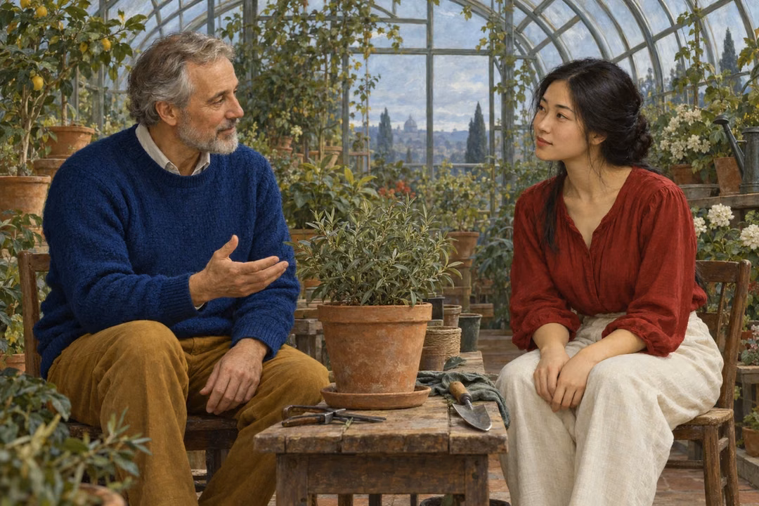 An older man speaks gently with an attentive young woman beside a potted herb in a greenhouse.