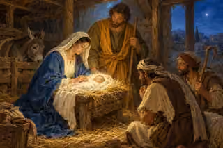 Mary, Joseph and ordinary shepherds gather tenderly around the swaddled Christ child in a humble stable.