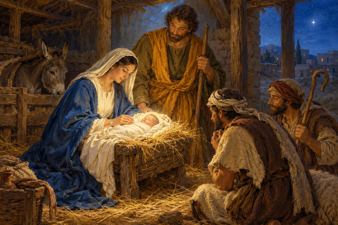 Mary, Joseph and ordinary shepherds gather tenderly around the swaddled Christ child in a humble stable.