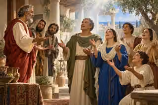 Peter speaks in Cornelius's courtyard as the household raises open hands in joyful worship and his companions look on.