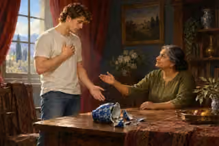 A young man openly admits responsibility for a broken blue vase as an older woman reaches toward him with a forgiving expression.