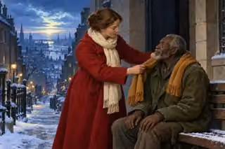 Raphael-inspired oil painting of a woman in a crimson coat wrapping an ochre scarf around an elderly man's shoulders at a snowy stone doorway, with a blue winter city behind them.