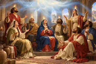 Disciples receive the Spirit as pearl-white light fills the upper room at Pentecost.
