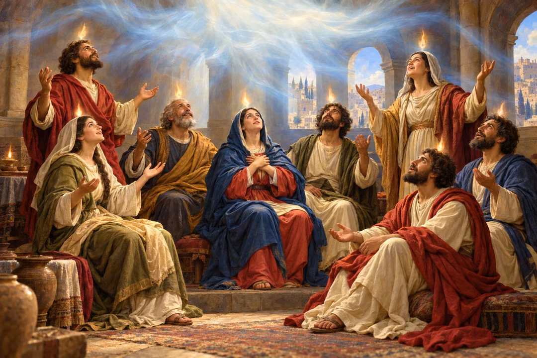 Disciples receive the Spirit as pearl-white light fills the upper room at Pentecost.