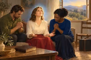 Three contemporary adults pray together as a woman opens her hands in willing surrender and receives peaceful confidence through luminous inward renewal.
