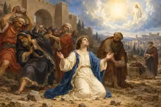 Stephen kneels in forgiving prayer while offended men cover their ears, beneath Christ beside radiant divine light.