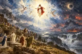 Christ descends in radiant clouds with trumpet-bearing angels above robed believers beside open stone burial chambers, amid towering mountains, overflowing gorges, falling stars and a fiery distant horizon.