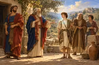 Samuel recognizes the humble shepherd David while an impressive older brother and their family look on, illustrating discernment of the heart.