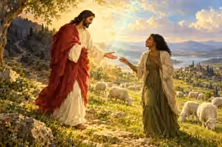 Jesus extends a welcoming hand to a hopeful Black woman in an olive dress and ivory cardigan beside sheep in a sunlit pasture.