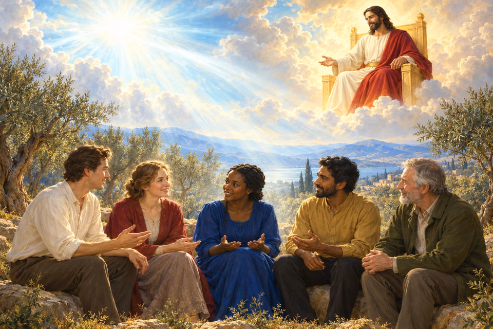 Five contemporary believers share a warm gathering in an olive grove beneath Christ seated in heavenly glory; a nonfigurative radiant light fills the upper left and illuminates the group.