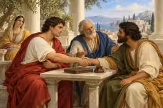 Two believers reconcile across a courtyard table as a wise elder gently mediates.