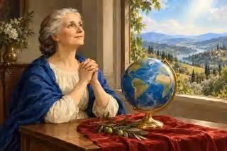 An elderly woman prays peacefully beside an unlabelled globe, with green hills and a river beyond her window.