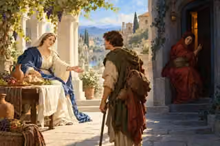 A traveler turns toward Wisdom's open welcome and visible food in a sunlit portico while another woman beckons secretly from a shadowed doorway.