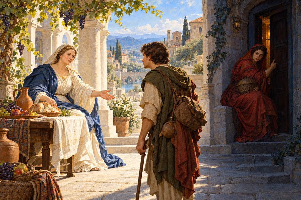 A traveler turns toward Wisdom's open welcome and visible food in a sunlit portico while another woman beckons secretly from a shadowed doorway.