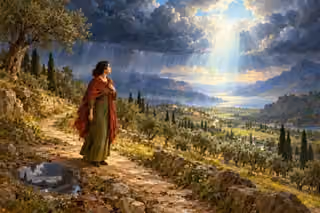 A South Asian traveler follows a clear path toward pearl light as nourishing rain renews a dry valley.