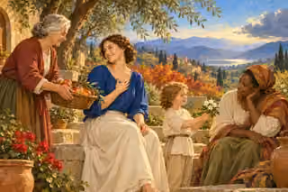 A woman and child welcome two neighbors in a sunlit olive garden, choosing gratitude and kindness amid life's troubles.