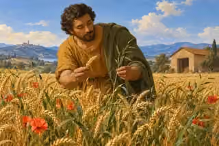 A farmer examines wheat and green tares growing together in a golden field.