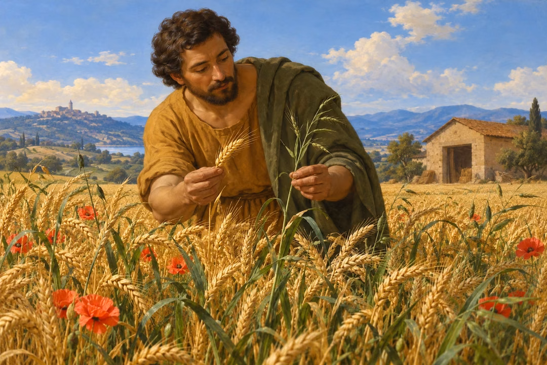 A farmer examines wheat and green tares growing together in a golden field.
