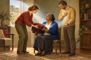 A woman offers a warm coat to an older neighbor while a man stands beside them in humble prayer, their hands illuminated by gentle light.