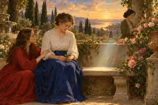 Oil painting of a grieving woman holding rosemary beside an empty sunlit place on a stone garden bench, while a younger woman comforts her and another tends roses beneath a golden sky.