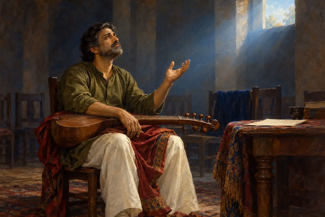 A weary musician prays toward a high window while resting his instrument in an empty room.
