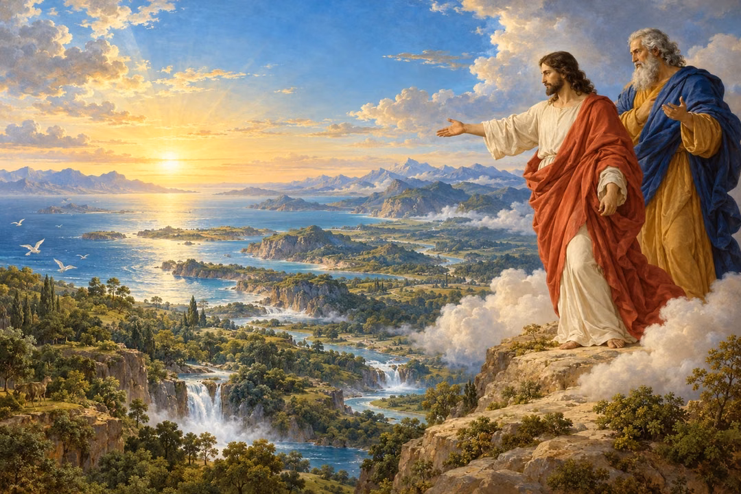 The Son and Father look over a newly formed world as golden first light illuminates seas, mountains and forests.