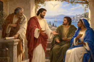 Paul welcomes a Gentile man and Ethiopian woman as an older believer lays aside a blank scroll beneath the Spirit's light.