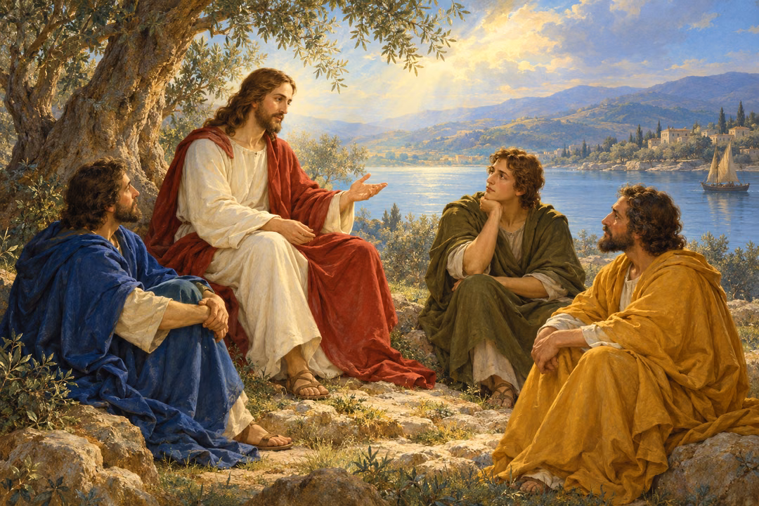 Jesus teaches three attentive disciples beside the lake in a luminous painted atmosphere.