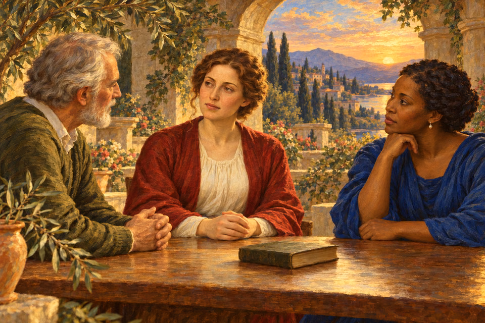 Oil painting of three fully clothed adults sitting quietly around a garden table with an unmarked closed book beneath a stone arch at sunset; the central woman rests folded hands and listens calmly.