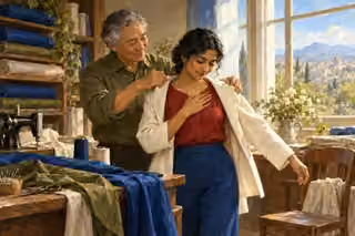 An older tailor helps a young woman into an ivory coat in a sunlit sewing room as she rests a hand gratefully over her heart.
