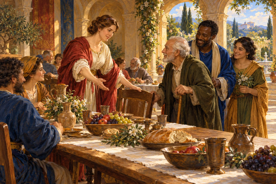A gracious host welcomes neighbors and offers an elder a place at a shared banquet table.