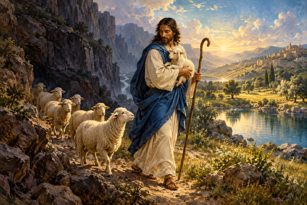 Jesus carries a lamb and leads sheep from a shadowed rocky valley toward sunlit pasture beside still water.