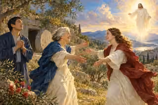 Painting of three serene believers reunited in a meadow at resurrection dawn, with the risen Jesus appearing in the luminous distant sky.