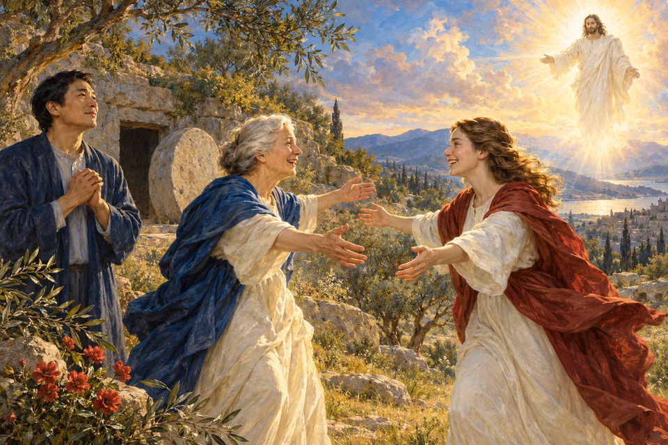 Painting of three serene believers reunited in a meadow at resurrection dawn, with the risen Jesus appearing in the luminous distant sky.