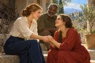 Two women clasp hands in reconciliation in a stone courtyard while an older man watches warmly, with thorns and an olive sapling nearby.