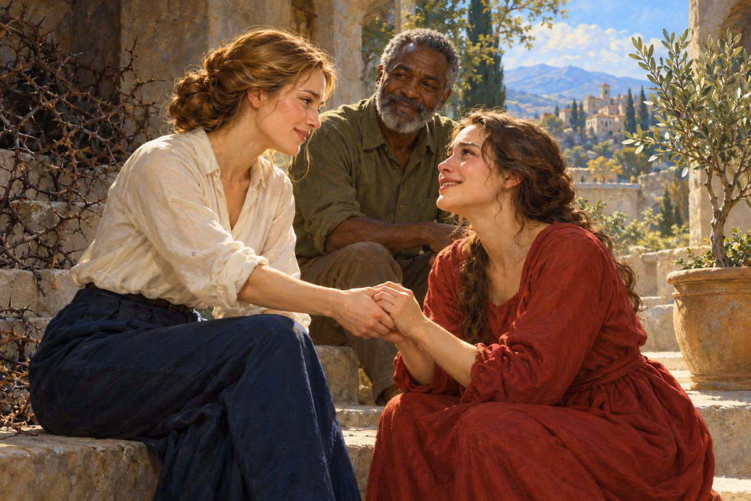 Two women clasp hands in reconciliation in a stone courtyard while an older man watches warmly, with thorns and an olive sapling nearby.