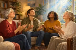 Four believers in everyday sweaters and jeans pray with open hands on a sofa as soft light fills their modest living room.