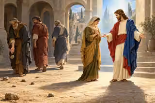 Jesus offers a compassionate open-handed response to a humbled woman while her accusers lower their stones and depart reflectively.