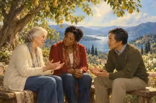 Three adults sit beneath a pear tree in a small, caring spiritual gathering, with a dove and a blue lake beyond the orchard.