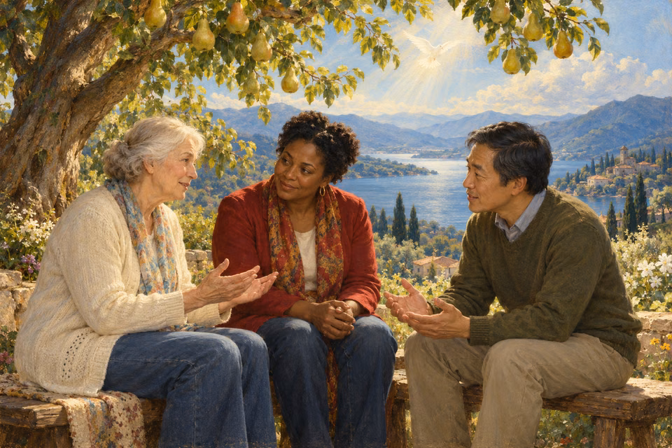 Three adults sit beneath a pear tree in a small, caring spiritual gathering, with a dove and a blue lake beyond the orchard.
