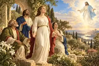 Believers stand renewed in a luminous garden, looking toward Christ appearing above the horizon.