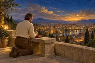 A man prays on a quiet rooftop overlooking a city beneath a deep blue evening sky.