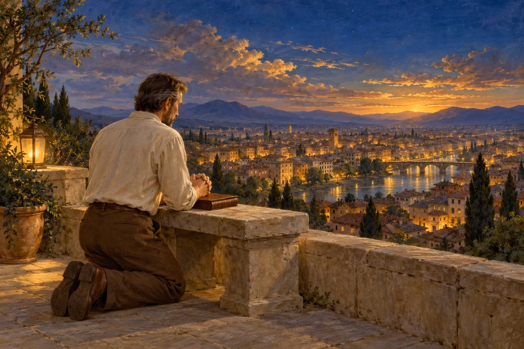 A man prays on a quiet rooftop overlooking a city beneath a deep blue evening sky.