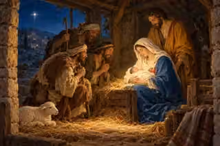 Humble shepherds kneel joyfully before Mary and the swaddled newborn Jesus in a simple Bethlehem stable.