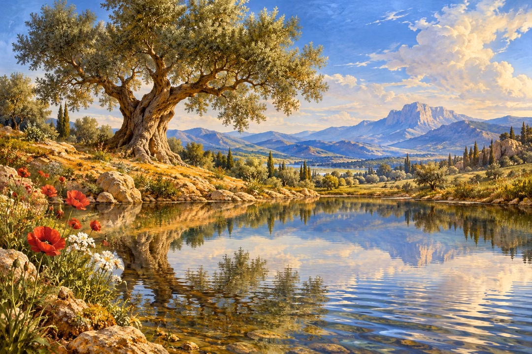 A living tree and mountain landscape reflect in a pond whose wind-blown edge distorts the image.