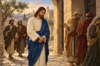 Christ in an ivory robe and blue mantle stands sorrowfully at an ancient stone gate as townspeople turn away or gesture dismissively and two disciples follow behind.