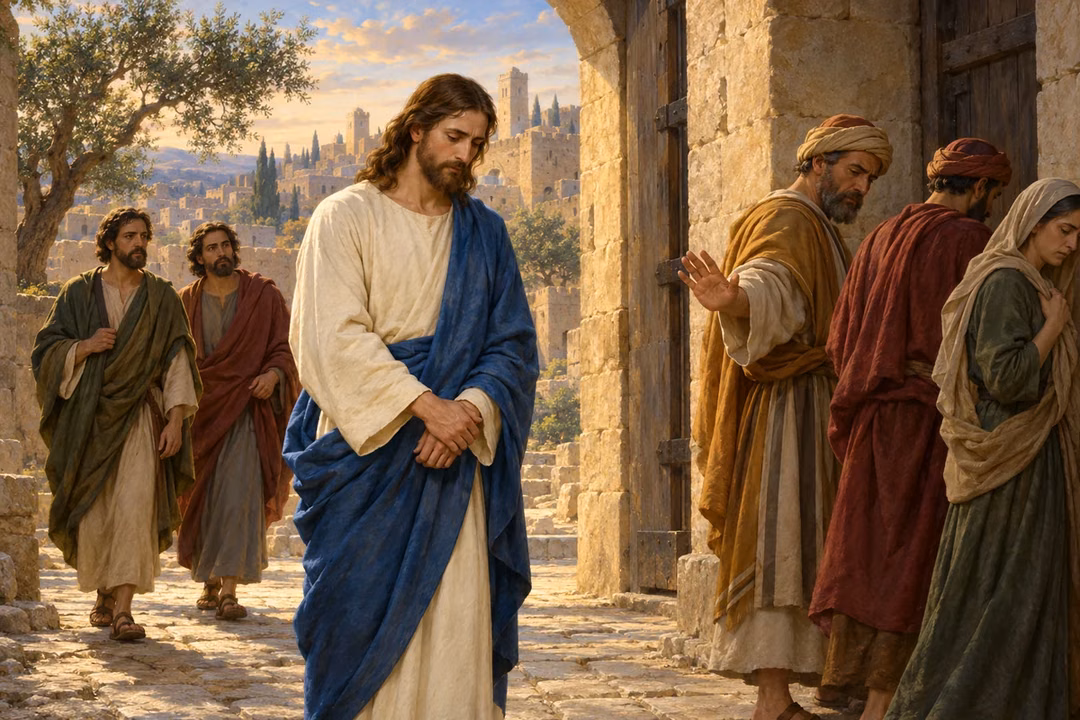 Christ in an ivory robe and blue mantle stands sorrowfully at an ancient stone gate as townspeople turn away or gesture dismissively and two disciples follow behind.