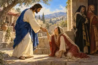 Christ offers his hand to a kneeling woman beneath an olive tree while two elaborately robed men turn away in the shade.